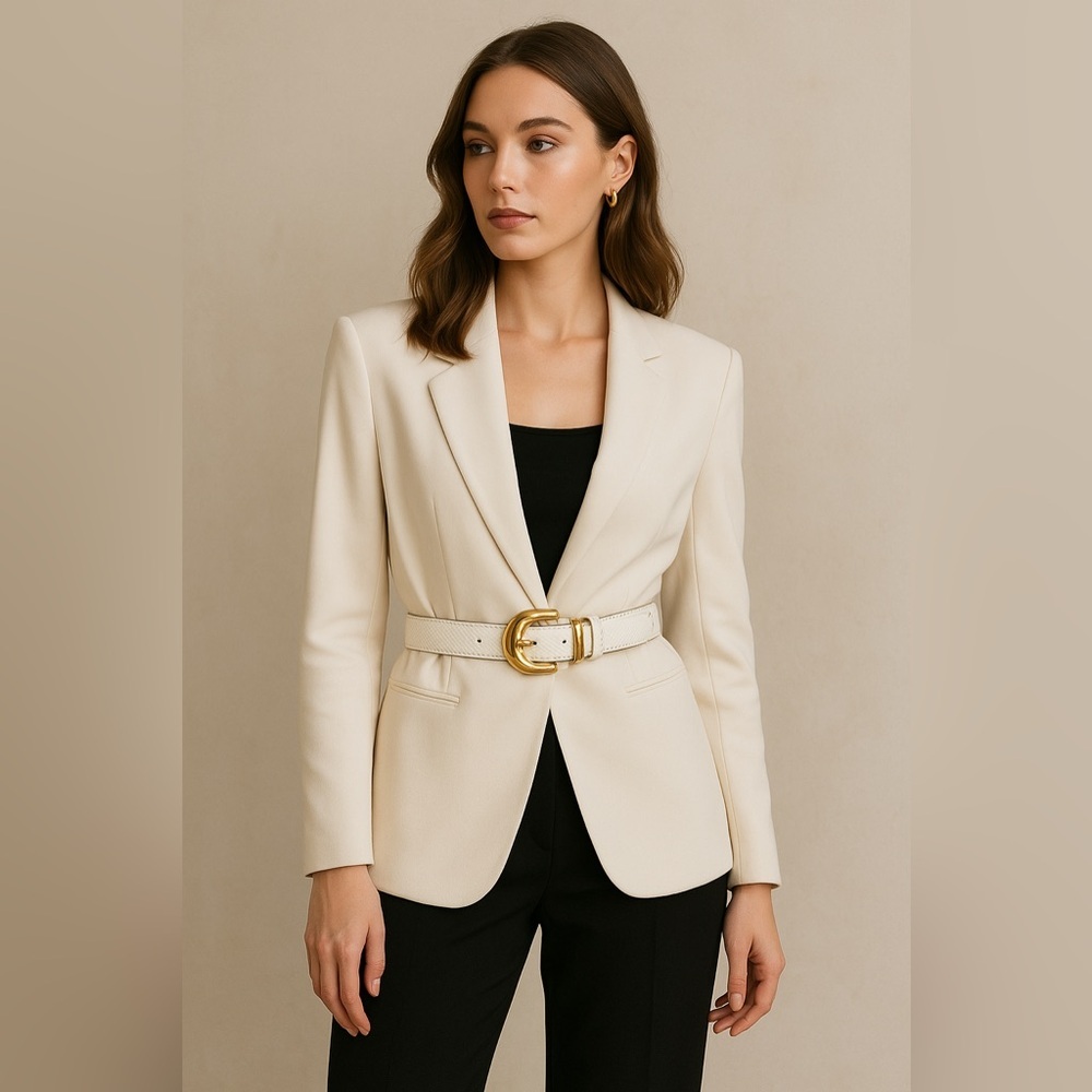 Vintage White 100% Leather Belt | Gold Buckle Classic Embossed | Size Medium​